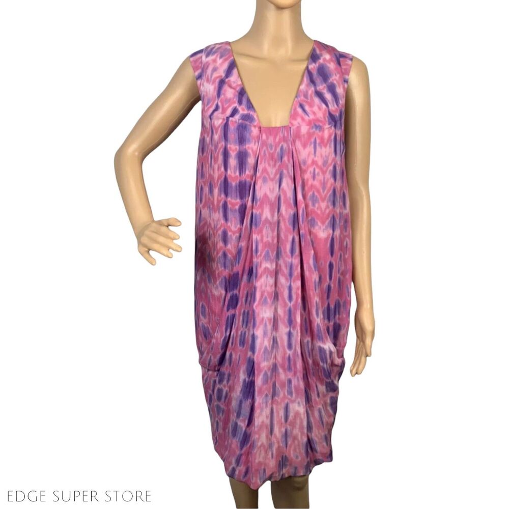 Anne Klein Collection Pink Purple Tie Dye Silk Draped Pleated Sleeveless Dress 4
